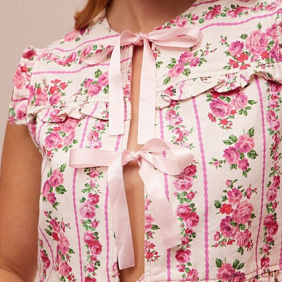 Boho Women's ditsy Floral Stripe Tie Front Tiered Ruffle Peplum Sl - Picture 4 of 5